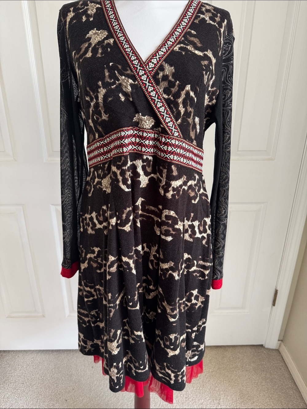 V-Neck Long Sleeve Animal-Print Dress with Red Trim